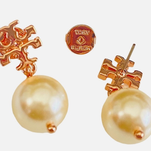 NEW Tory Burch Rose Gold T-Logo Swarovski Pearl Drop Earrings NWT $135 - Picture 5 of 5
